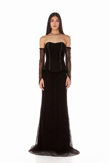 Kahverengi Peplum Detaylı  Dantelli Abiye  Elbise